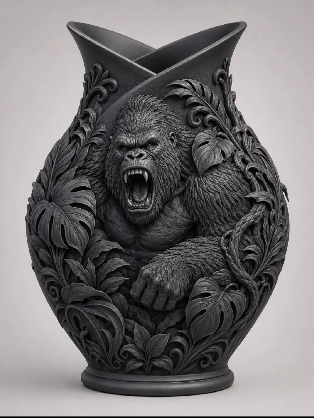 Sculpted Gorilla Ceramic Vase in Charcoal Gray